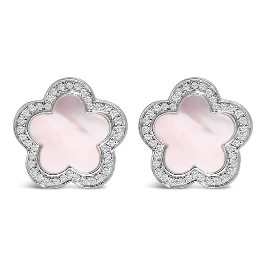 14K White Gold Mother of Pearl and 1/5 Cttw Diamond Halo Star Stud Earrings