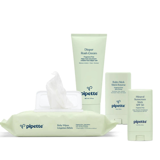 Pipette Baby Travel Essentials Set Bundle Clean 100% Mineral Water-Resistant Sunscreen SPF 50 Fragrance-Free Baby Balm Stick Water-Based Baby Wipes Fragrance-Free Diaper Rash Cream