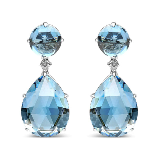 18K White Gold 1/5 Cttw Diamond with Round London Blue Topaz and 20 x 15mm Pear Cut Sky Blue Topaz Gemstone Dangle Earring (G-H Color, SI1-SI2 Clarity)