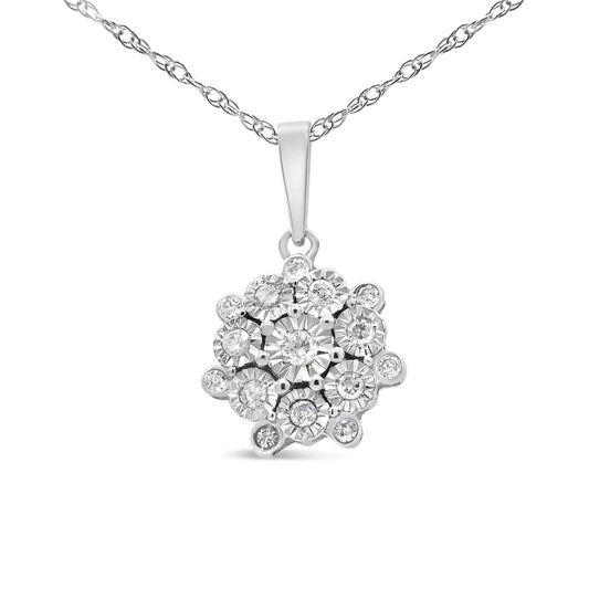 Sterling Silver 1/4 Cttw Miracle Set Diamond Floral Cluster 18" Pendant Necklace for Women