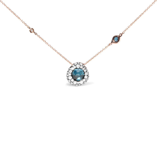 18K Rose Gold 5/8 Cttw Diamond and London Blue Topaz Gemstone Bezel-Set Cluster 18" Station Necklace