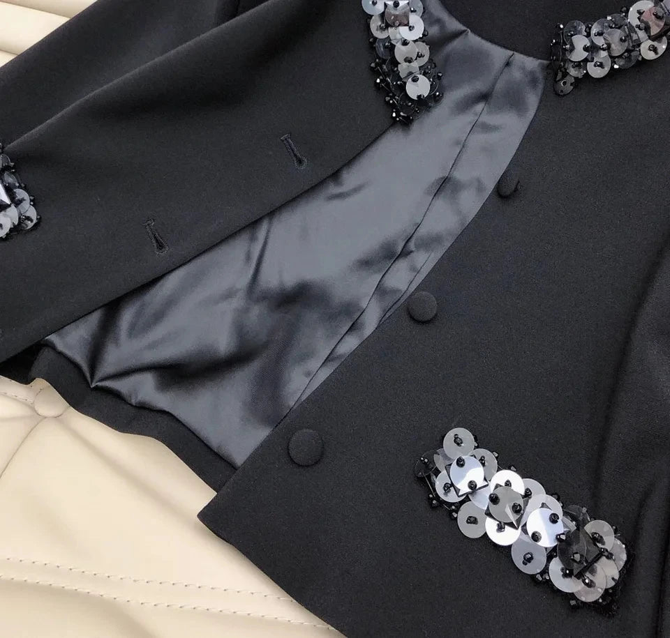 2024 spring Women sequins beading wool blended skirt set o-neck short