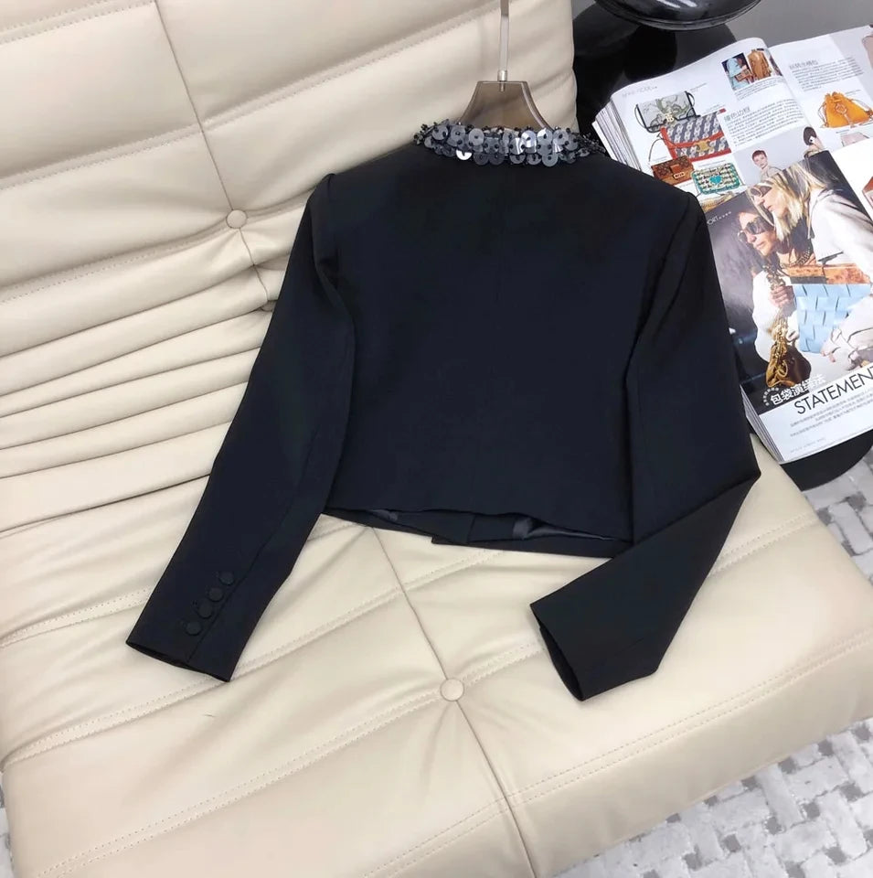 2024 spring Women sequins beading wool blended skirt set o-neck short