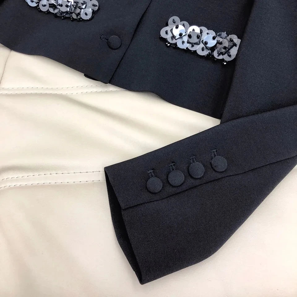 2024 spring Women sequins beading wool blended skirt set o-neck short