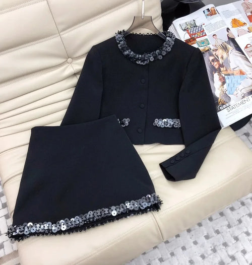 2024 spring Women sequins beading wool blended skirt set o-neck short