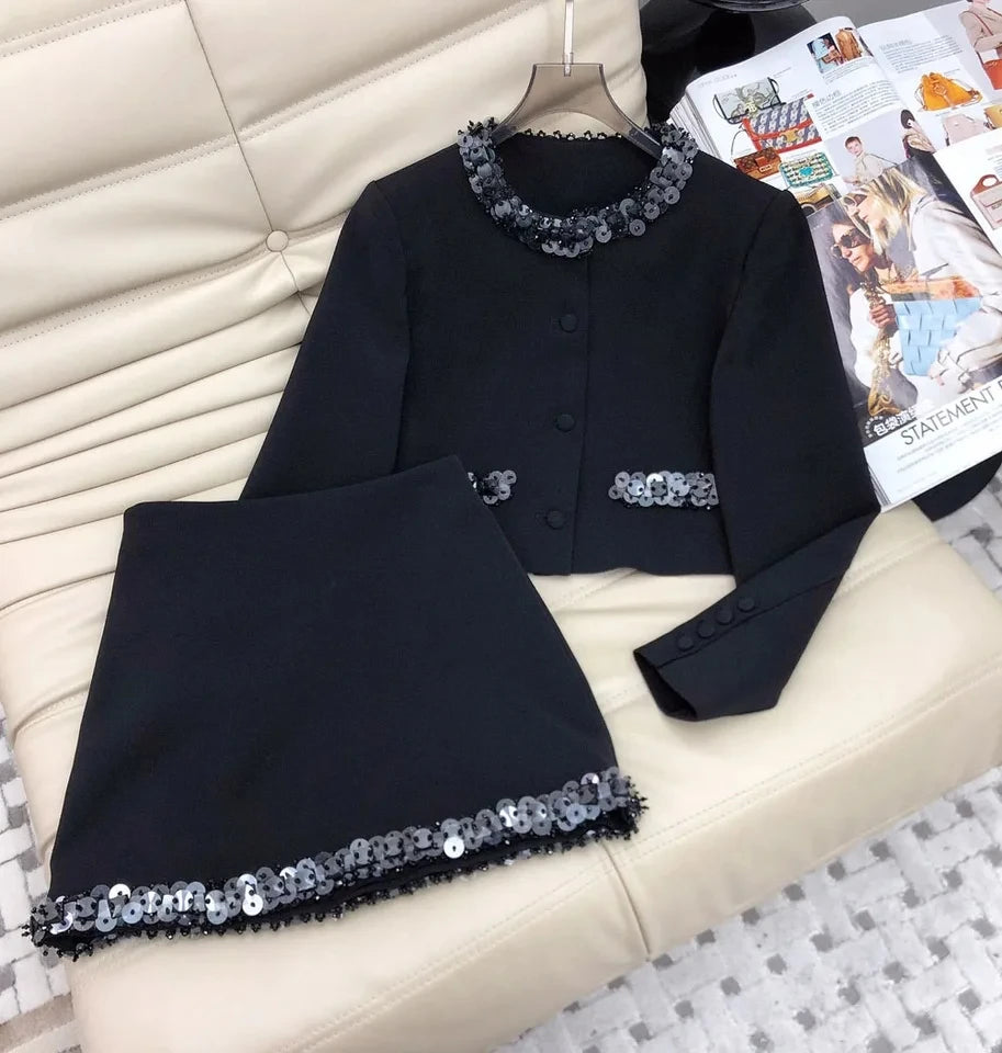 2024 spring Women sequins beading wool blended skirt set o-neck short