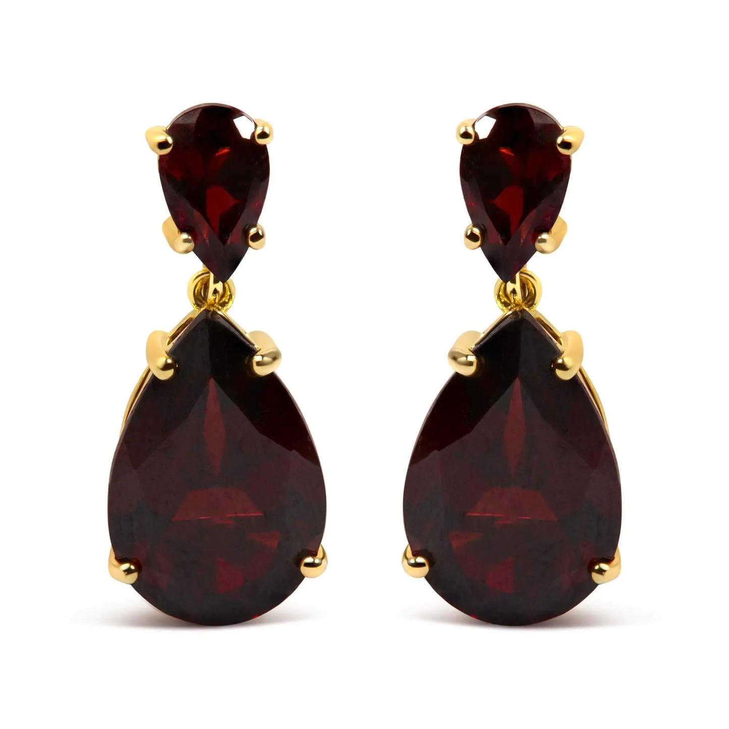 10K Yellow Gold Plated Sterling Silver Pear Shaped Red Garnet Drop and Dangle Earrings