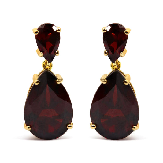 10K Yellow Gold Plated Sterling Silver Pear Shaped Red Garnet Drop and Dangle Earrings