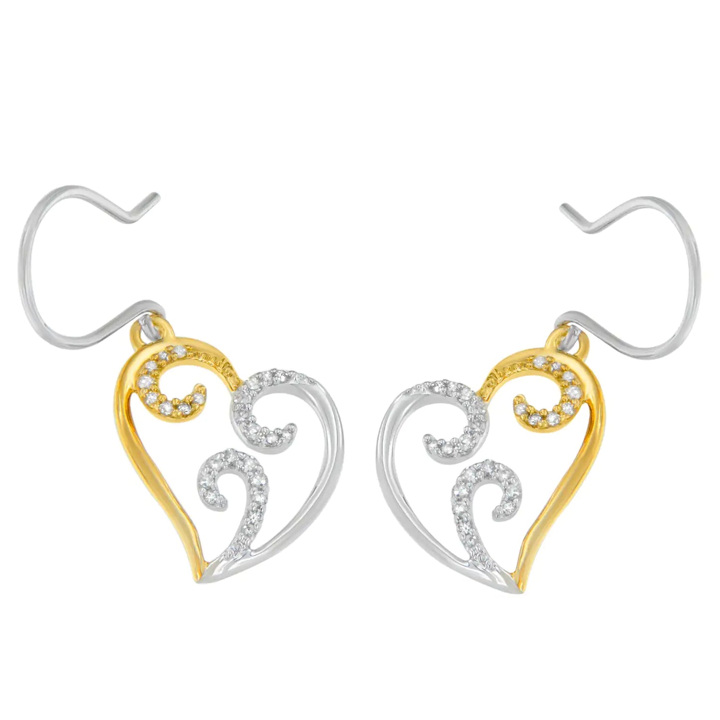 10K Two-tone Gold Round Diamond Heart Dangle Earrings