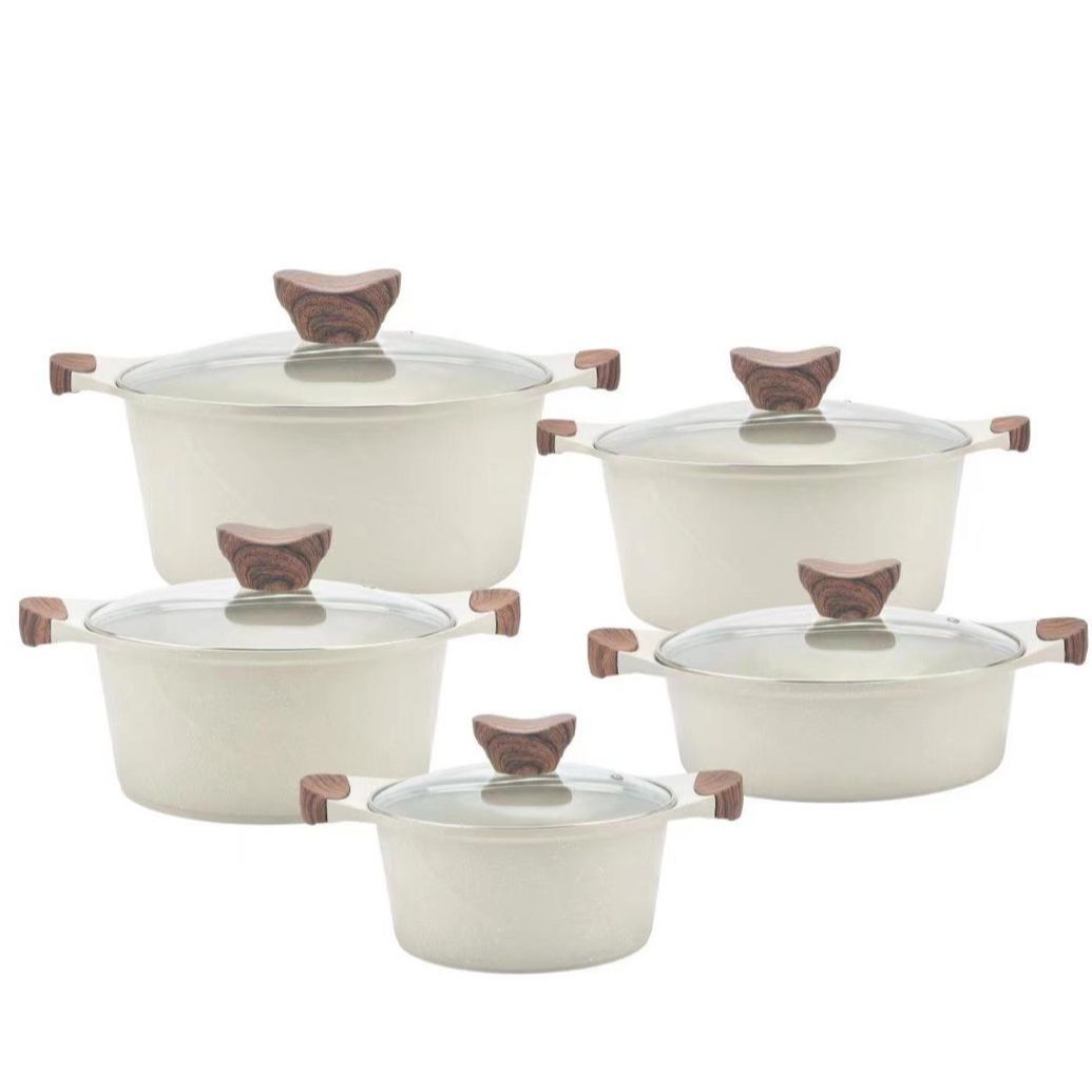 10-piece Non-stick Pan Wood Grain Die Casting Aluminum Pot Medical Stone Pan