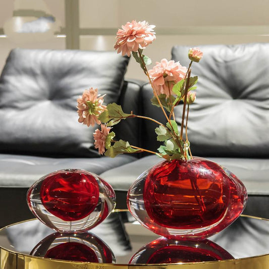 Bright Red Olive-shaped Crystal Glass Vase For Floral Arrangements And Decoration