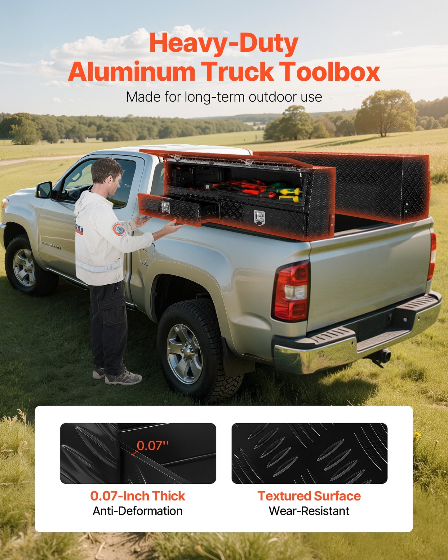 Contractor Truck Tool Box, 72 X 21 X 13 In, Black Tread Aluminum TopSider Toolbox With Two Lower Drawers, Flip Up Door, Weather-Resistant Heavy Duty Storage Box With Latch, For Truck Bed Pickup