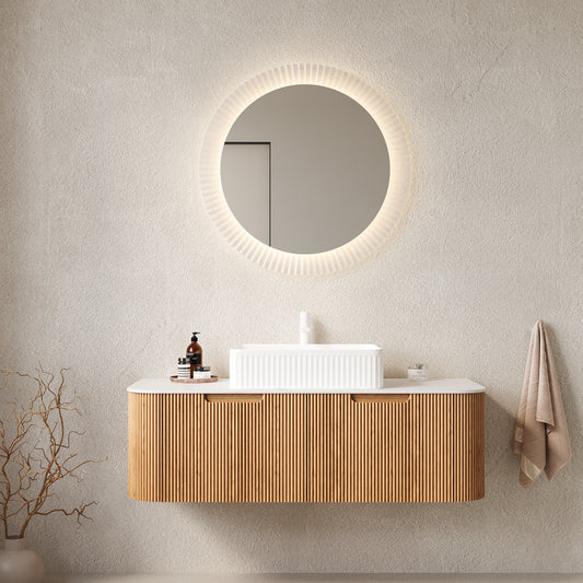 DINA 48 Bathroom Vanity With Sink, Wall-Mounted Curved Edges Striped Bathroom Storage Cabinet With 2 Drawers, White Rectangular Ceramic Basin, No Faucet, Pre-assembled, Natural Woodgrain Color