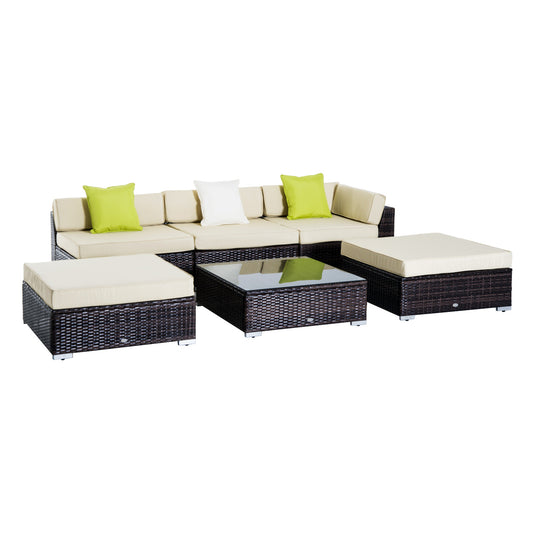 6 PC Rattan Sofa Coffee Table Set Sectional Wicker Weave Furniture For Garden Outdoor Conservatory W/ Pillow Cushion Brown