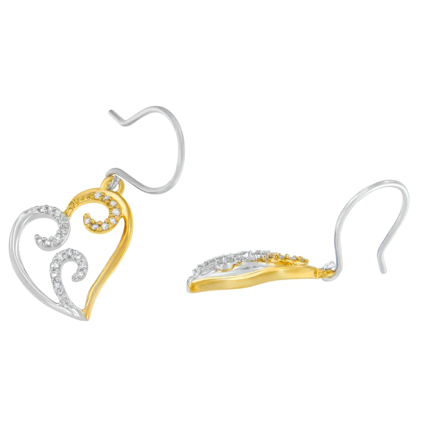 10K Two-tone Gold Round Diamond Heart Dangle Earrings