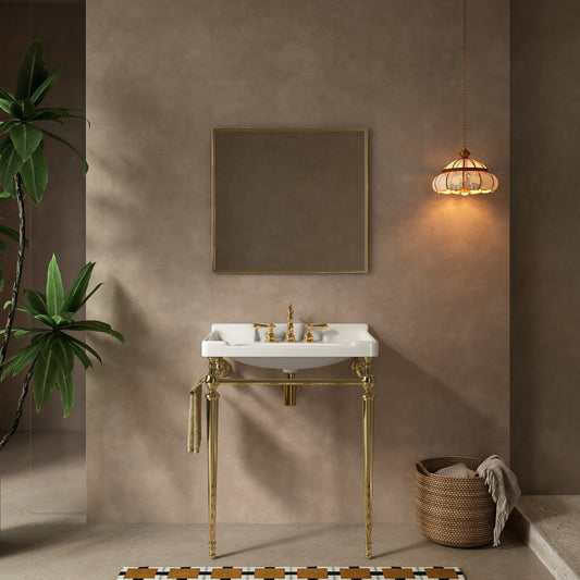 VICI 28 Bathroom Console Sink, Wall-Mounted White Ceramic Vanity Basin With 3 Pre-drilled Faucet Holes, Freestanding Stainless Steel Support Legs With Towel Bar, No Faucet & Sink Cover, Gold Color