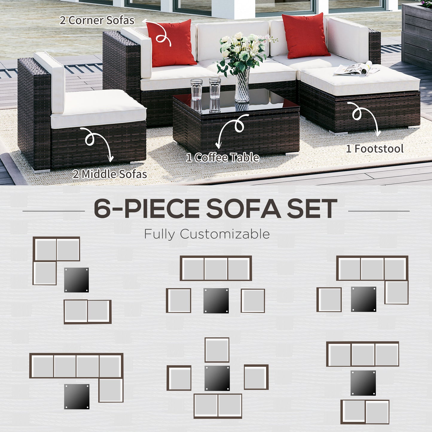 6 Piece Patio Furniture Set Outdoor Conversation Set All Weather PE Sectional Sofa Set with Ottoman