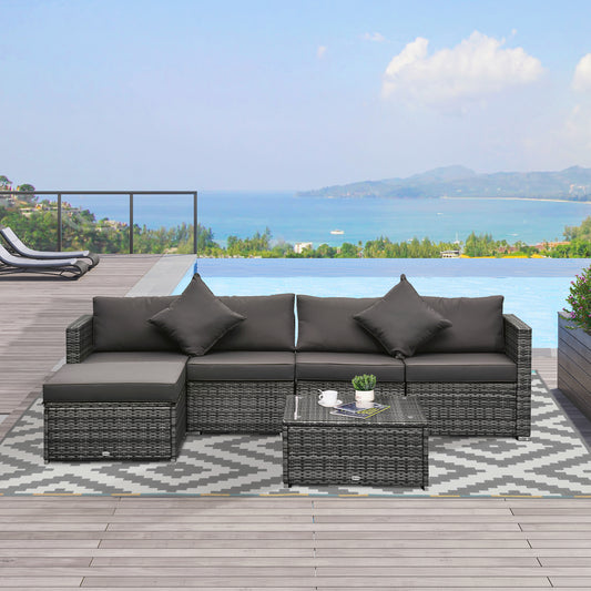 6 Piece Patio Furniture Set Outdoor Wicker Conversation Set All Weather PE Rattan Sectional Sofa Set with Ottoman, Cushions and Tempered Glass Table, Mixed Gray and Charcoal
