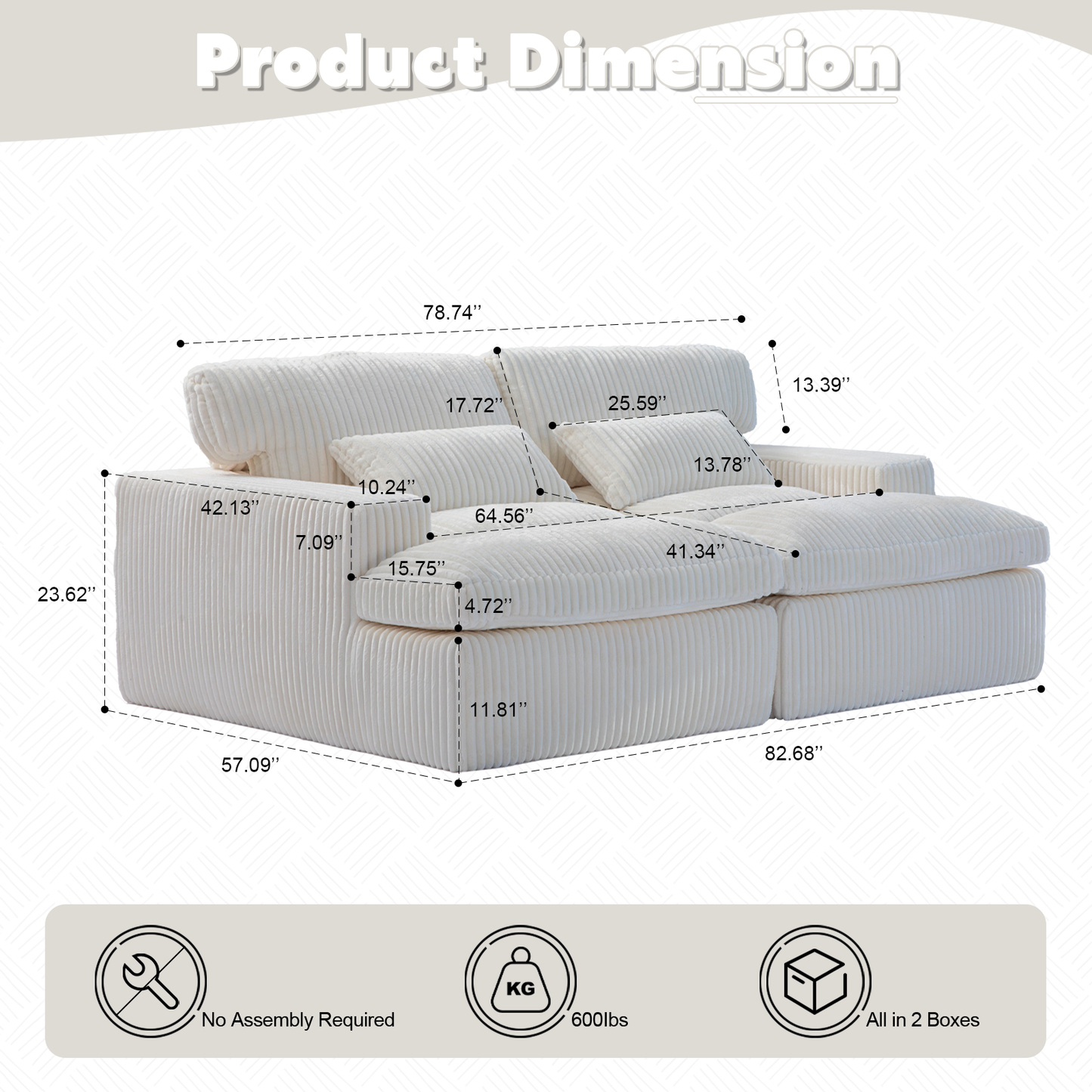 Double Chaise Lounge Chair Indoor,Oversized Upholstered Sleeper Cloud Couch,Deep Seat Luxury Sofa Bed,Sectional Sofa Chaise Love-seat,Corduroy Reading Chair For Living Room,No Assembly Required,White