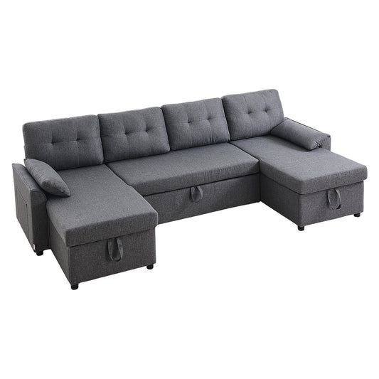 U Shaped Sofa Bed, Convertible Sofa Bed With 2 Side Pockets, 2 Pillows And Double Chaise, 6-Seat Pull Out Sleeper Couch With Large Storage Capacity For Living Room, Apartment, Metal Frame, Gray