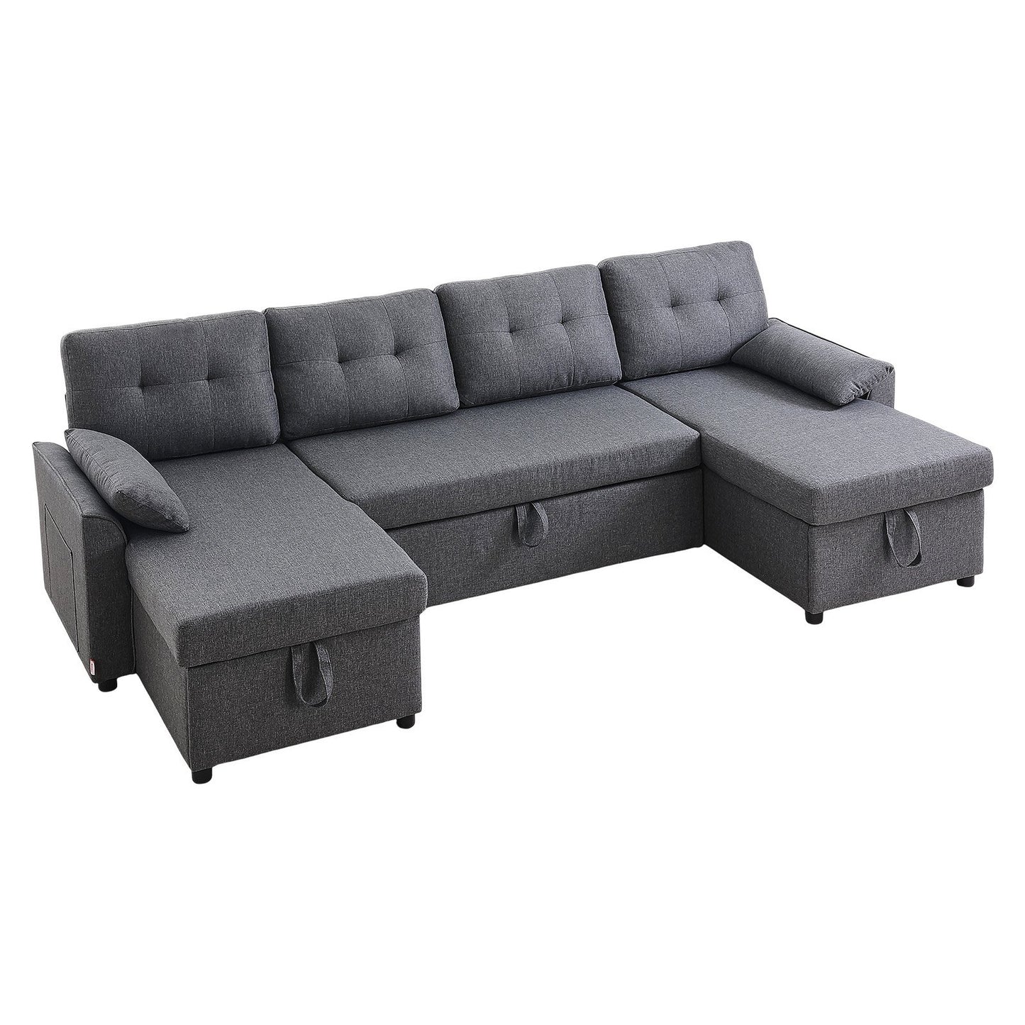 U Shaped Sofa Bed, Convertible Sofa Bed With 2 Side Pockets, 2 Pillows And Double Chaise, 6-Seat Pull Out Sleeper Couch With Large Storage Capacity For Living Room, Apartment, Metal Frame, Gray