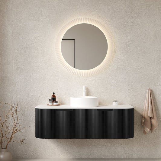 DINA 48 Bathroom Vanity With Sink, Wall-Mounted Floating Curved Edges Striped Bathroom Storage Cabinet With 2 Drawers, White Round Ceramic Basin, NO Faucet, Pre-assembled, Black Color
