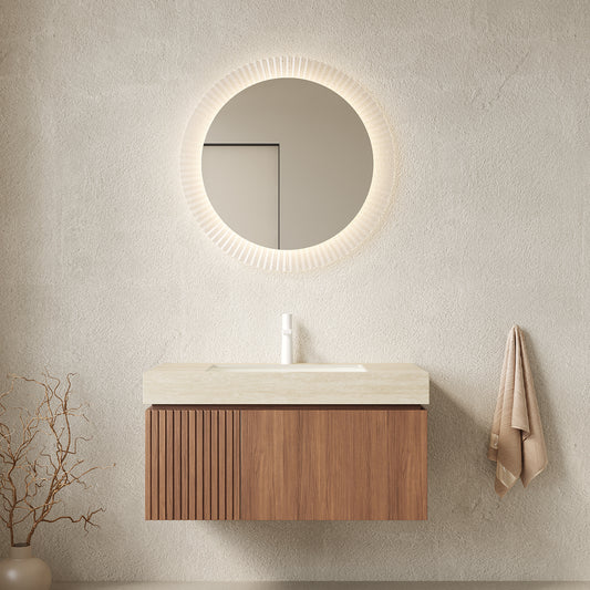 MURI 36 Bathroom Vanity&Sink, Floating Plywood Storage Cabinet With Drawer&Door, Roma Travertine Sintered Stone Top&Ceramic Basin With 1 Pre-drilled Faucet Hole, Pre-assembled, Brown Oak Woodgrain