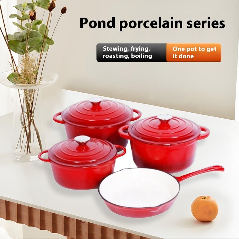 Inner White Enameled Cast-iron Cookware Household Enamel Soup Deep Stew Casserole Four-piece Set