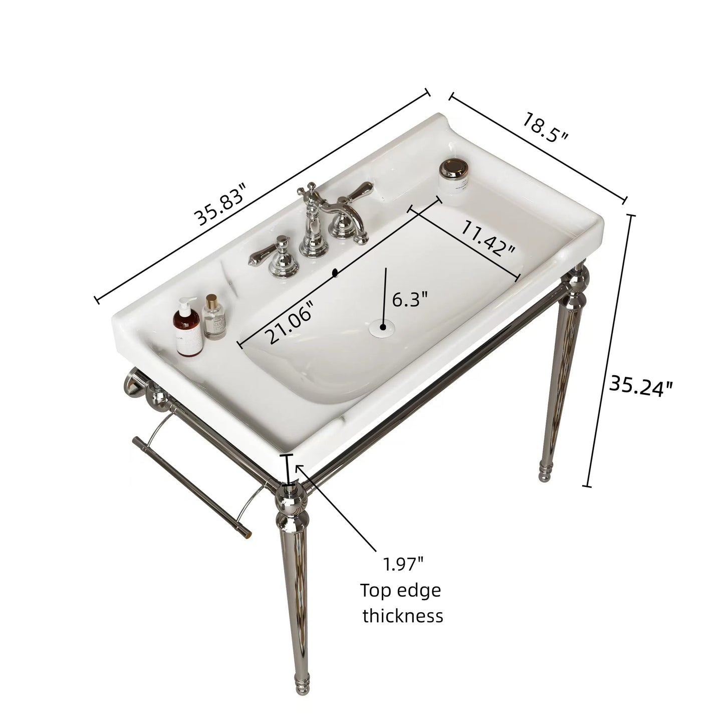 VICI 36 Bathroom Console Sink, Wall-Mounted White Ceramic Vanity Basin With 3 Pre-drilled Faucet Holes, Freestanding Stainless Steel Support Legs With Towel Bar, No Faucet & Sink Cover, Chrome Color