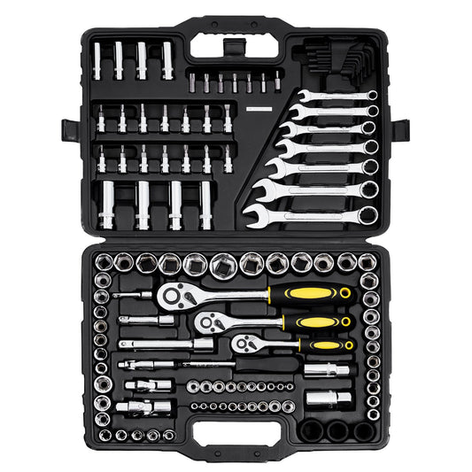 121-Piece Mechanics Tool Set, 1/4" 3/8" 1/2" Drive Sockets, SAE And Metric Mechanic Tool Kit With Bits, Wrenches, Ratchet Handle, Accessories, And Plastic Storage Case, For Automotive Repair