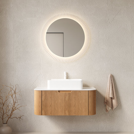 DINA 36 Bathroom Vanity With Sink, Wall-Mounted Floating Curved Edges Striped Bathroom Storage Cabinet With Drawer, White Rectangular Ceramic Basin, No Faucet, Pre-assembled, Natural Woodgrain Color