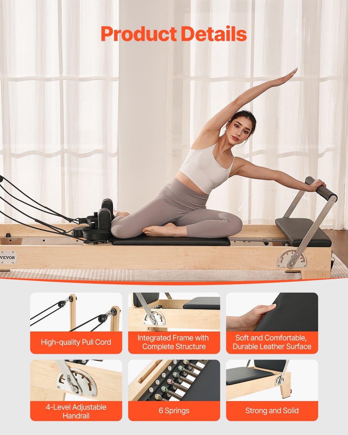 Pilates Reformer Machine, Wooden Pilates Workout Equipment For Home Gym Studio Use, Pilates Bed With Dual Resistance- Spring & Cord, Reformer Set With Sitting Box, Up To 400 LBS