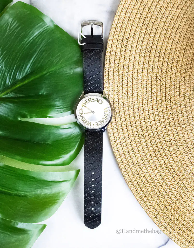 Original Versace 38mm Silver Logo Halo Dial Embossed Leather Watch