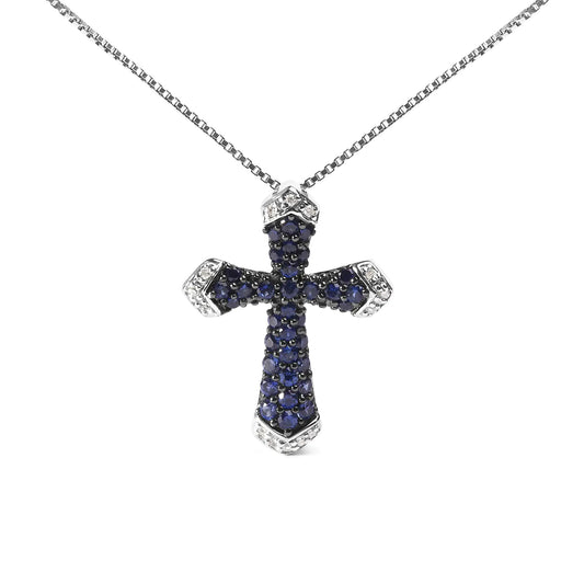 Sterling Silver Created Blue Sapphire and White Diamond Accent Cross Pendant Necklace - 18"