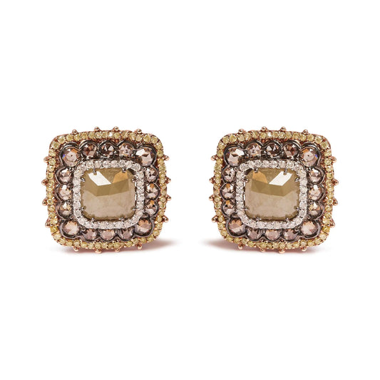 14K Rose Gold 5 7/8 Cttw Fancy Color Rose Cut Diamond Cushion Shape Triple Halo Stud Earring (Fancy Color, I2-I3 Clarity)