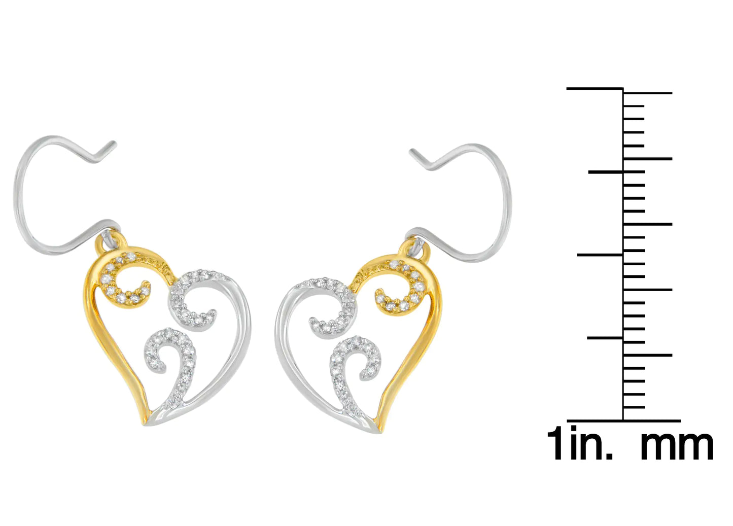 10K Two-tone Gold Round Diamond Heart Dangle Earrings