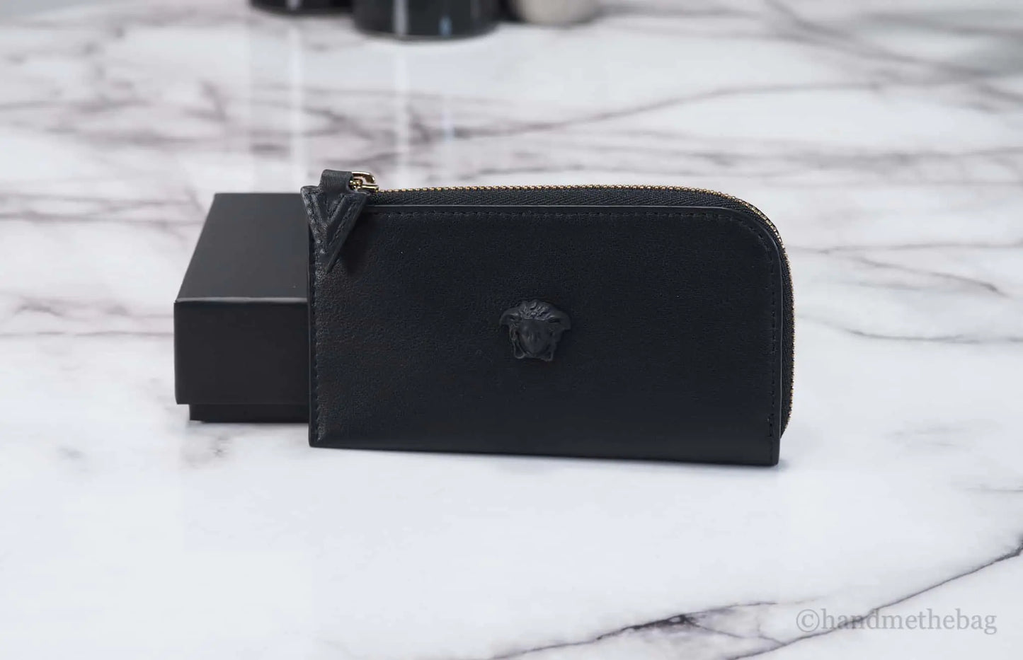 Versace Small Black Leather Matte Medusa Zip Card Case
