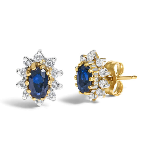 14K Yellow Gold 1/4 Cttw Diamond and Blue Sapphire Sunburst Halo Stud Earrings (K-L Color, I1-I2 Clarity)