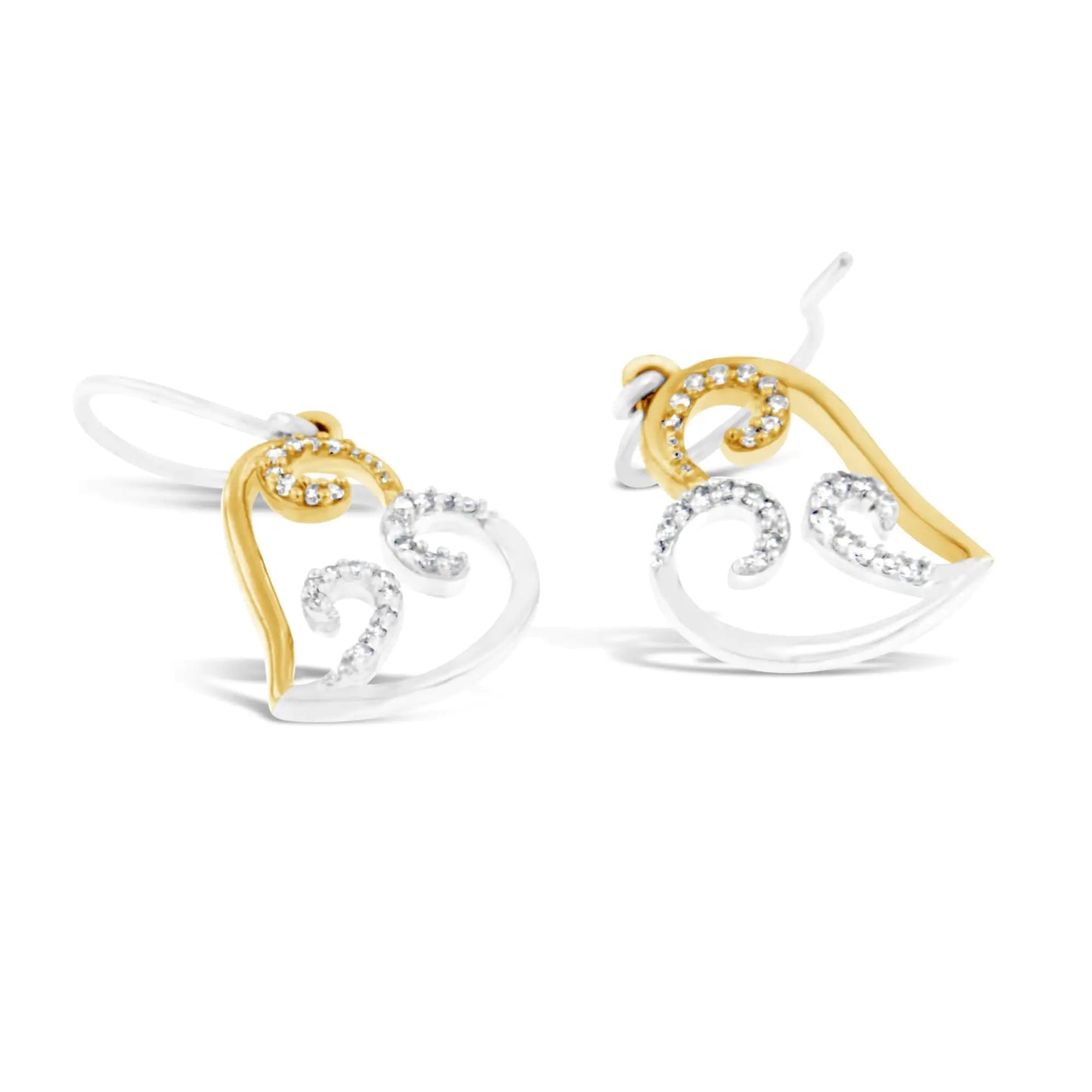 10K Two-tone Gold Round Diamond Heart Dangle Earrings