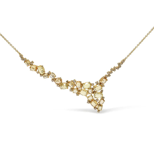 18K Yellow Gold 1/2 Cttw Brown Diamond and Multi-Size Oval Yellow Sapphire Cluster Cascade Station Necklace