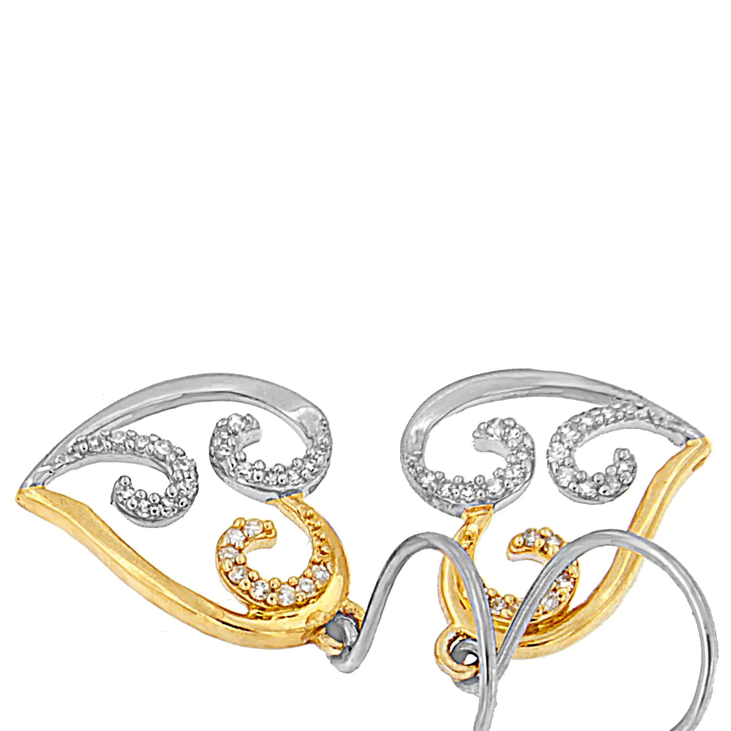 10K Two-tone Gold Round Diamond Heart Dangle Earrings