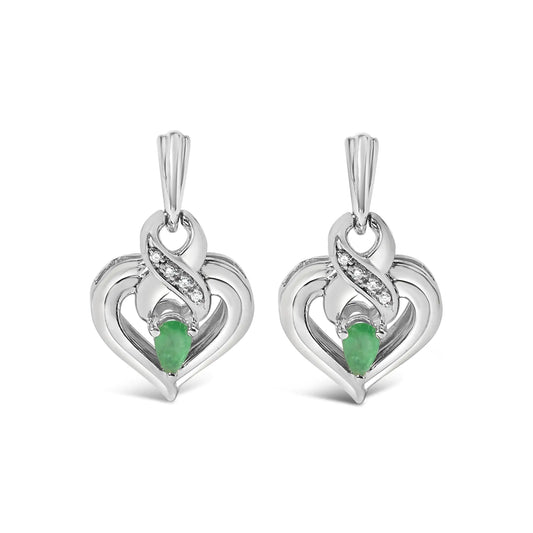 .925 Sterling Silver 5x3mm Pear Emerald Gemstone with Diamond Accent Heart Dangle Stud Earrings