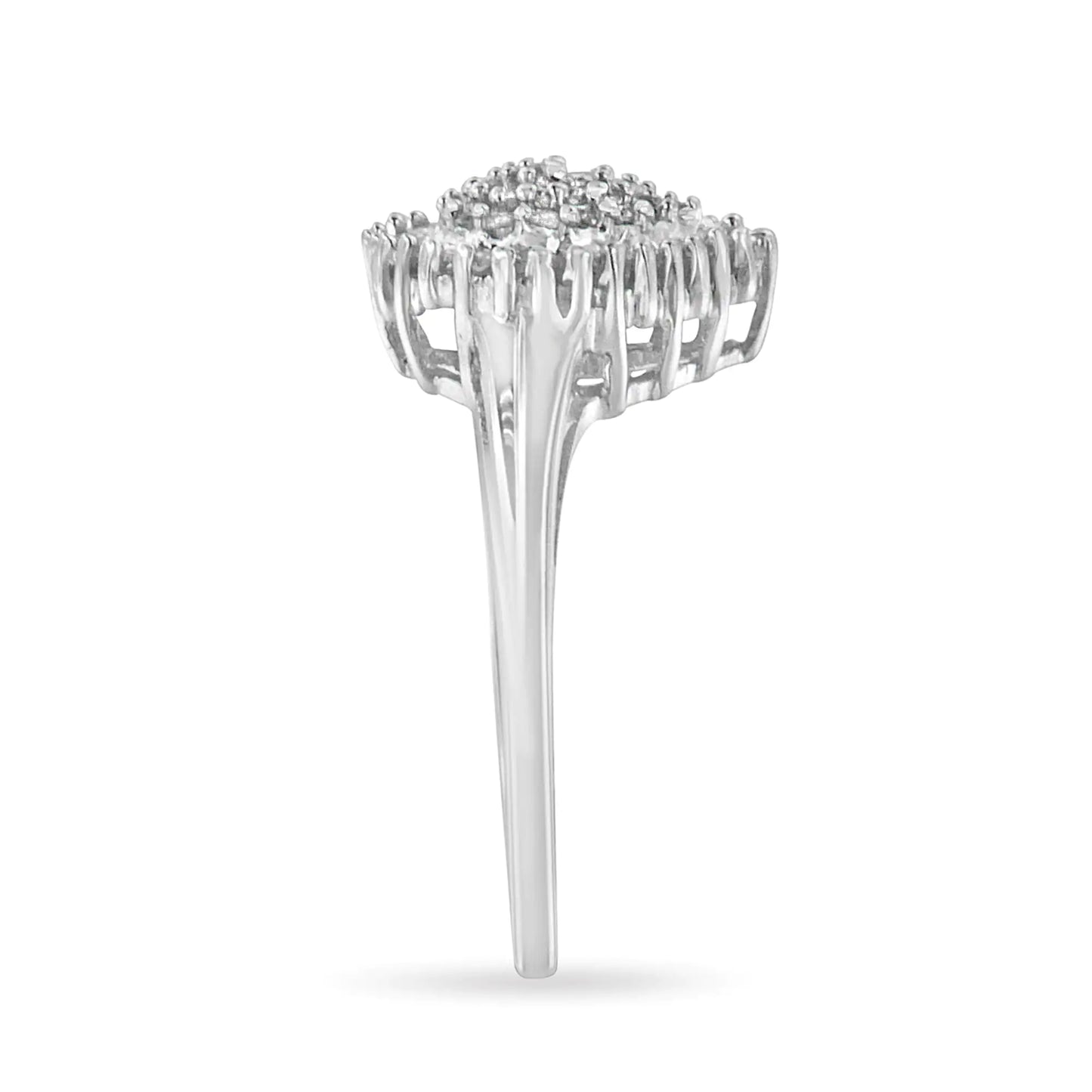 10K White Gold Round & Baguette Cut Diamond Pear Shaped Domed Pavé Cluster with Halo Cocktail Ring