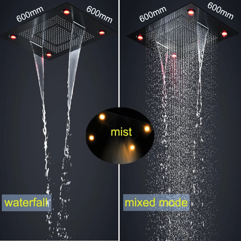 6 Functions Luxury Led 24 Inch Rain Mist Waterfall Curtain Shower Head