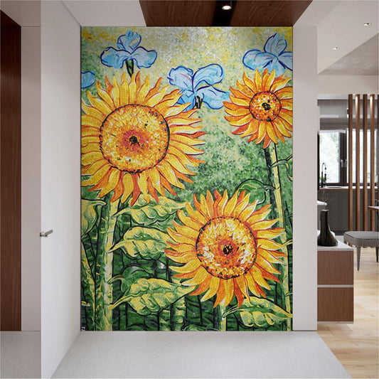 Sunflower art  glass mosaic tile mural design for lifelike wall decorate