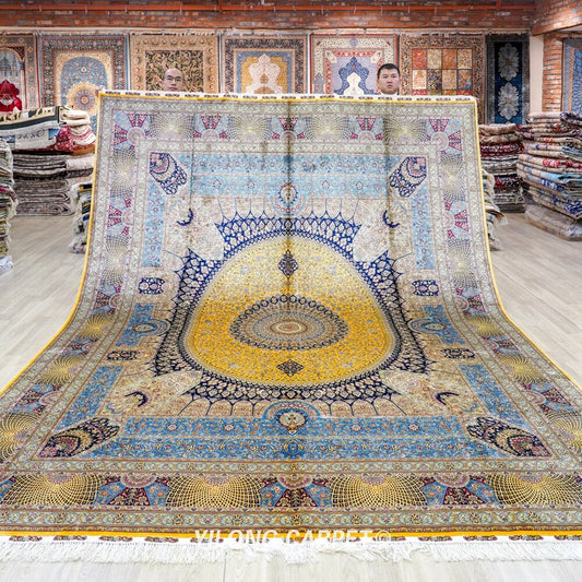 Large Vantage Persian Silk Rug Antique Yellow Medallion Turkish Silk Carpet