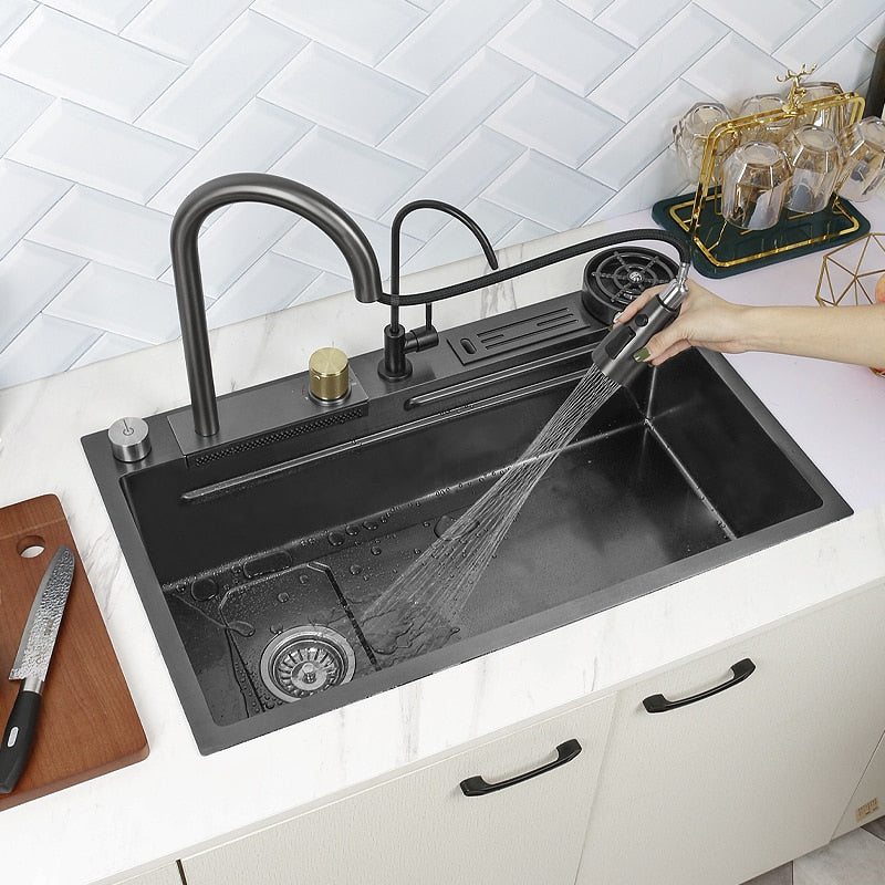Kitchen Sink Black With Multifunction Touch Waterfall Faucet