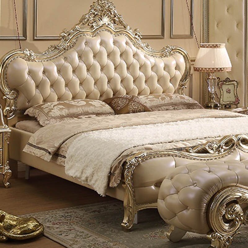 European Style Leather Full Solid Wood Bed
